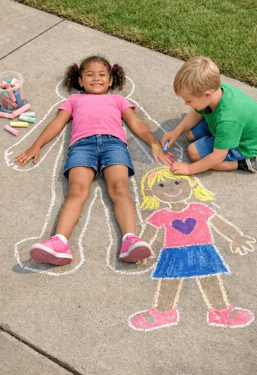 Life size body outline chalk drawing activity for kids outside