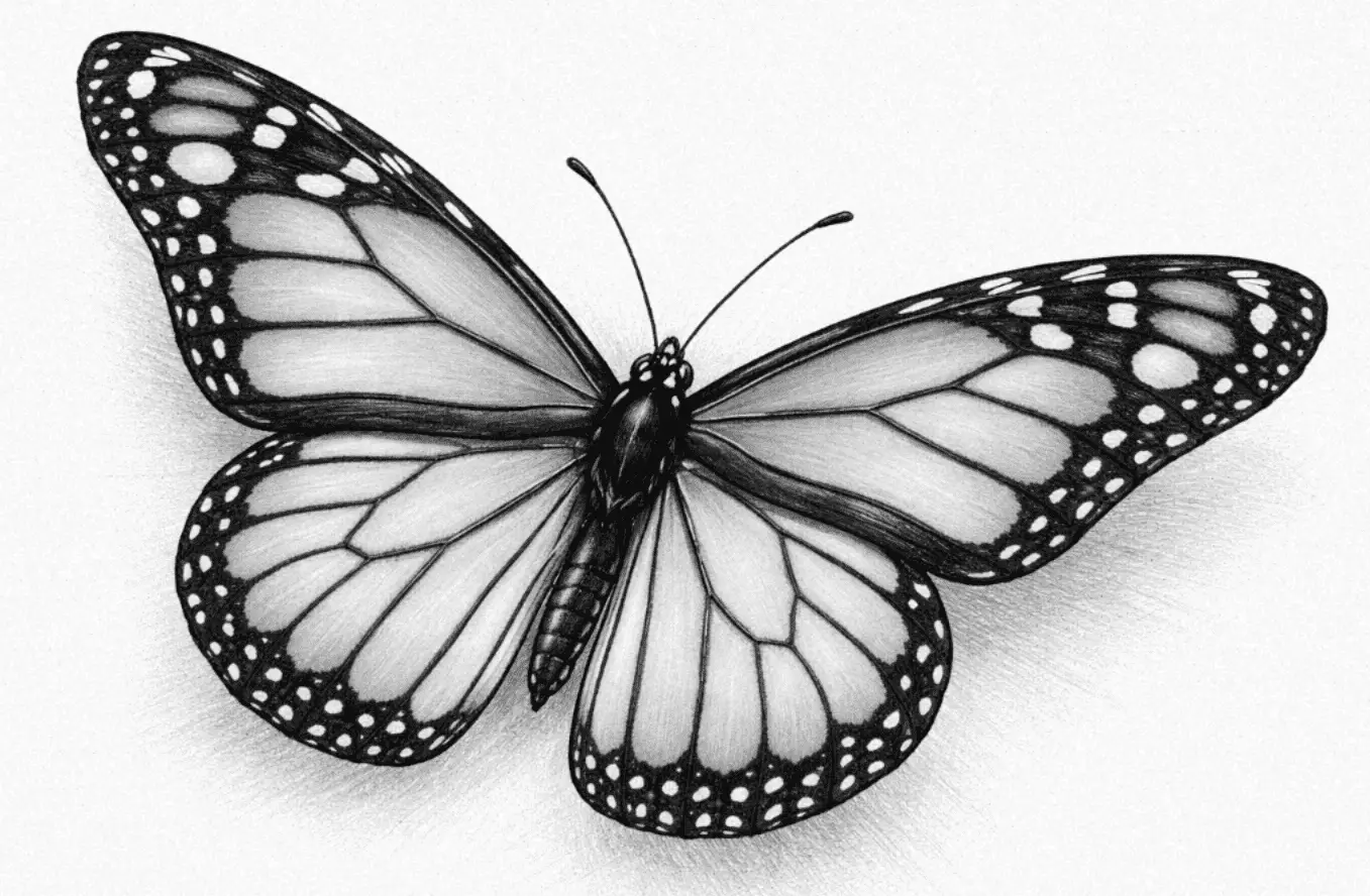 Color pencil butterfly drawing &mdash; Monarch butterfly with orange and black wing pattern step by step