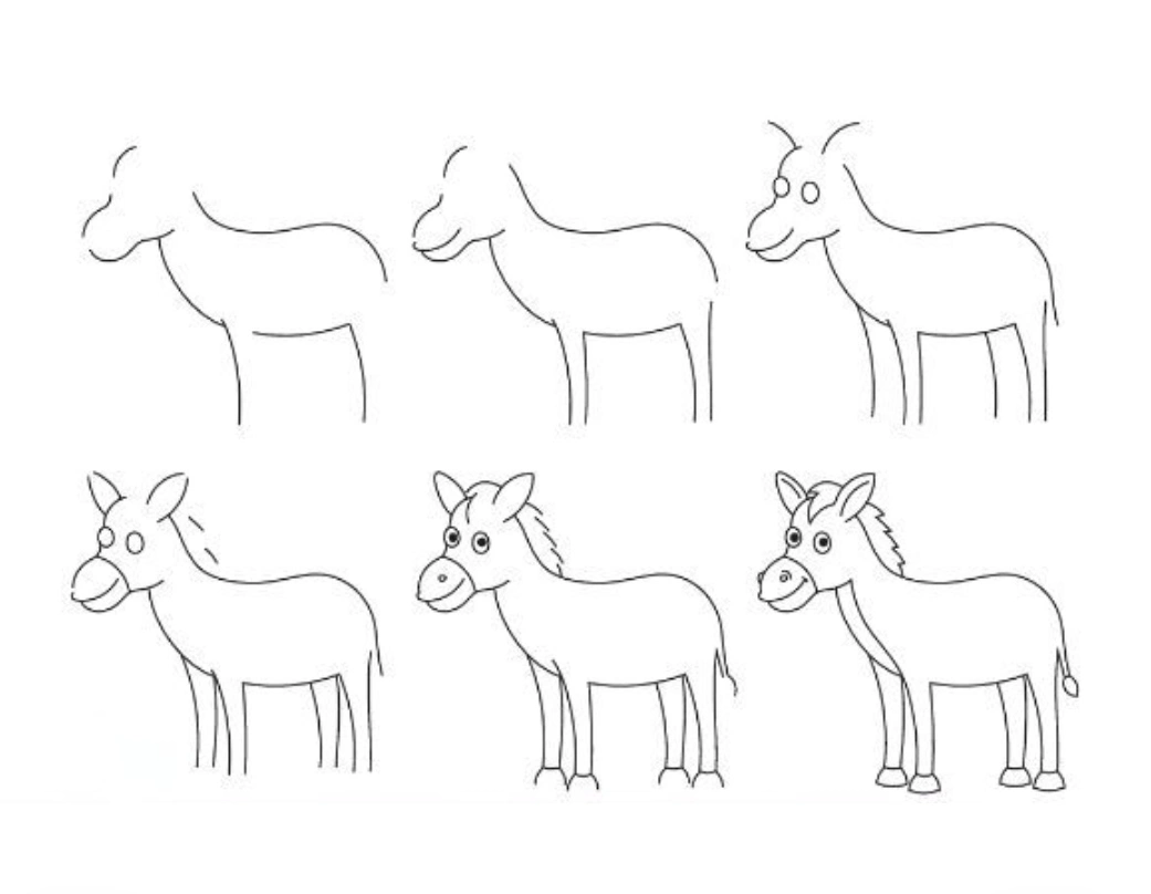 Cute simple easy donkey drawing step by step for beginners and kids with pencil &mdash; 6-step tutorial