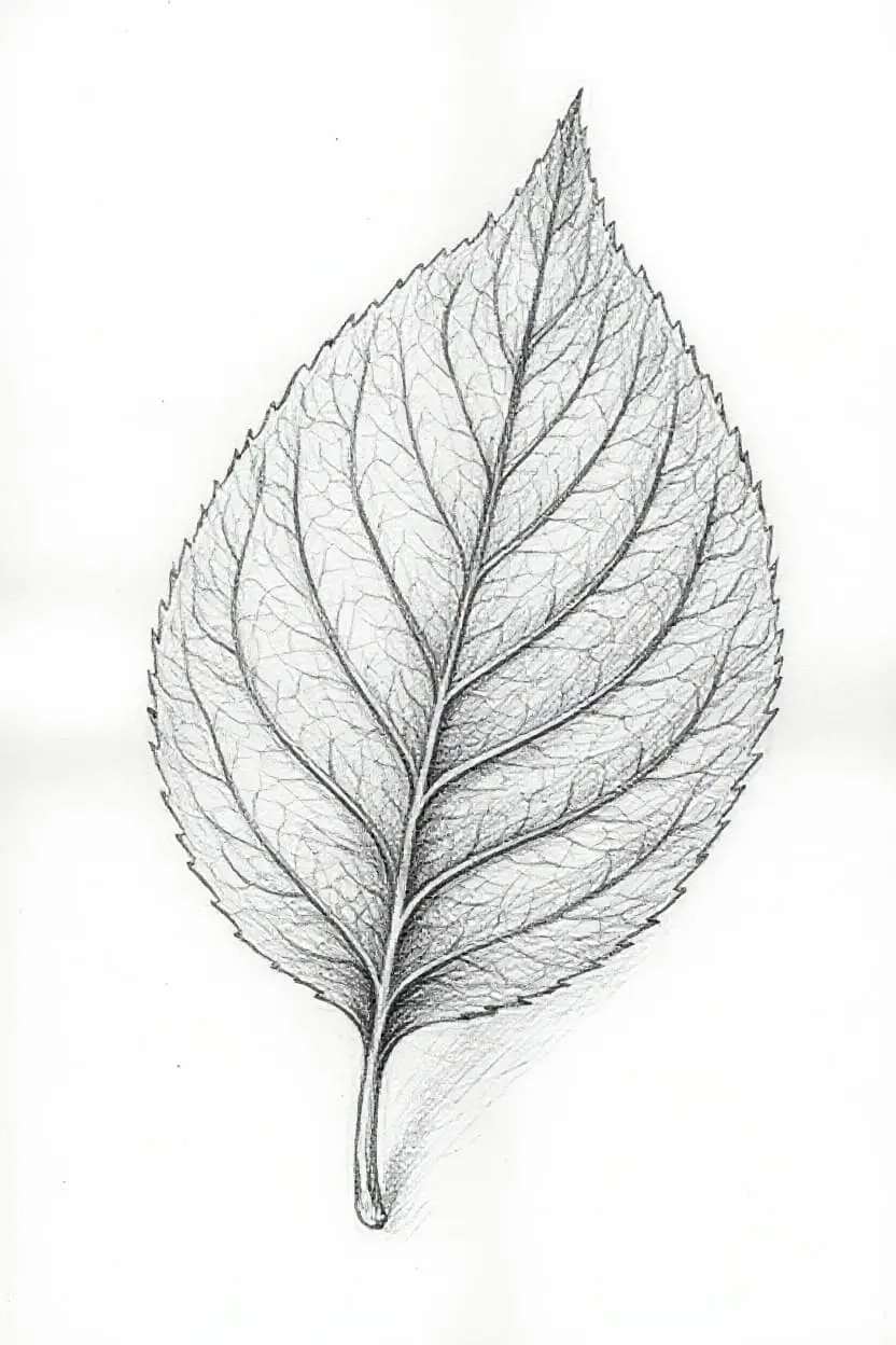 Detailed leaf drawing with intricate vein patterns