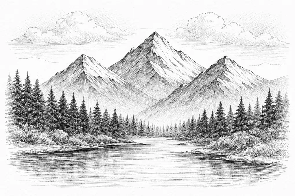 Simple nature pencil drawing &mdash; mountain landscape with pine trees lake and clouds for beginners