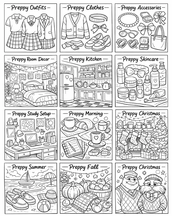 Free preppy coloring pages collection featuring preppy outfits, rooms, animals, kitchen and aesthetic scenes for girls and adults