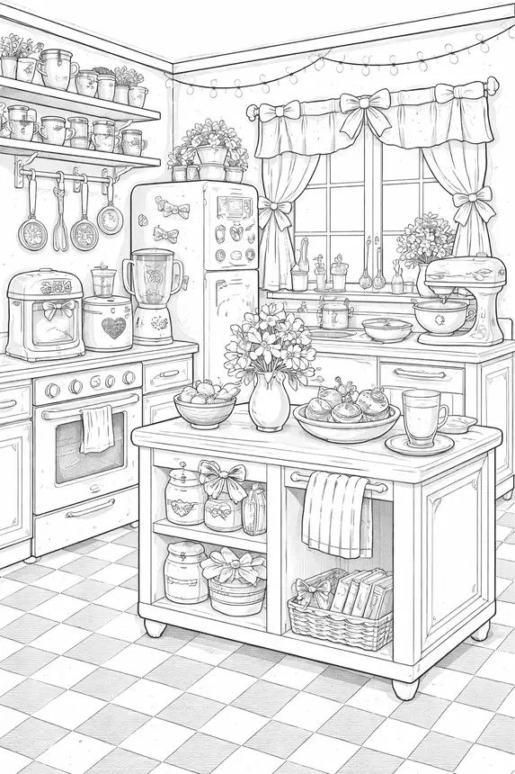 Preppy kitchen coloring page &mdash; cozy vintage kitchen with bow curtains checkered floor stand mixer and wicker baskets free printable