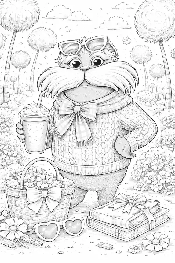 Preppy Lorax coloring page free printable &mdash; Dr Seuss Lorax in cable-knit sweater with frappuccino and bow accessories in preppy aesthetic style