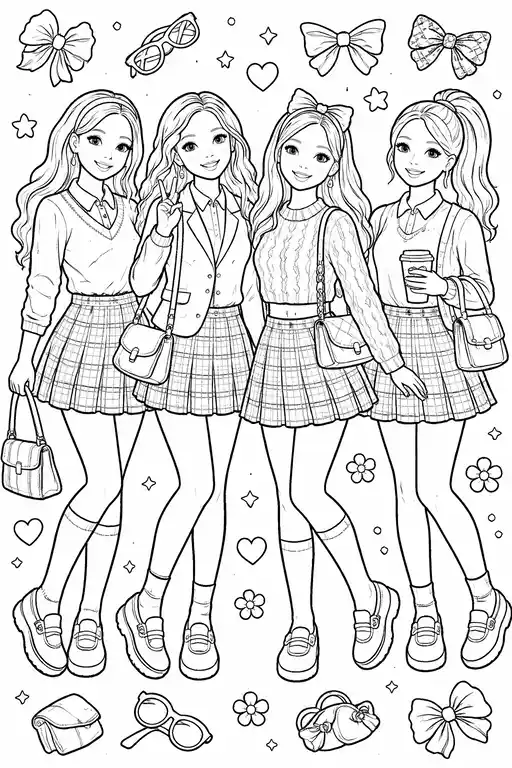 Preppy outfits coloring page for girls &mdash; four preppy girls in plaid skirts sweaters and loafers with bow accessories free printable
