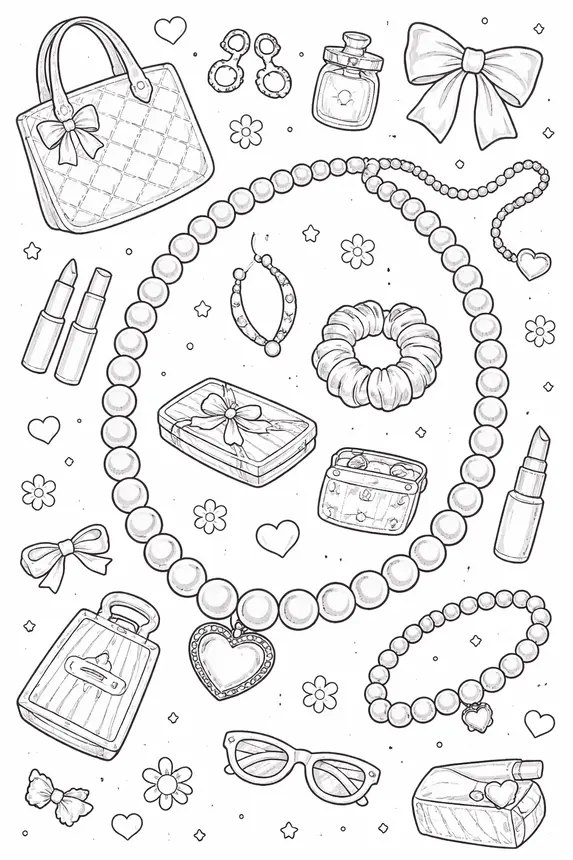 Preppy stuff coloring page — preppy accessories flatlay with quilted handbag pearl necklace lipstick scrunchie bow sunglasses and heart locket free printable