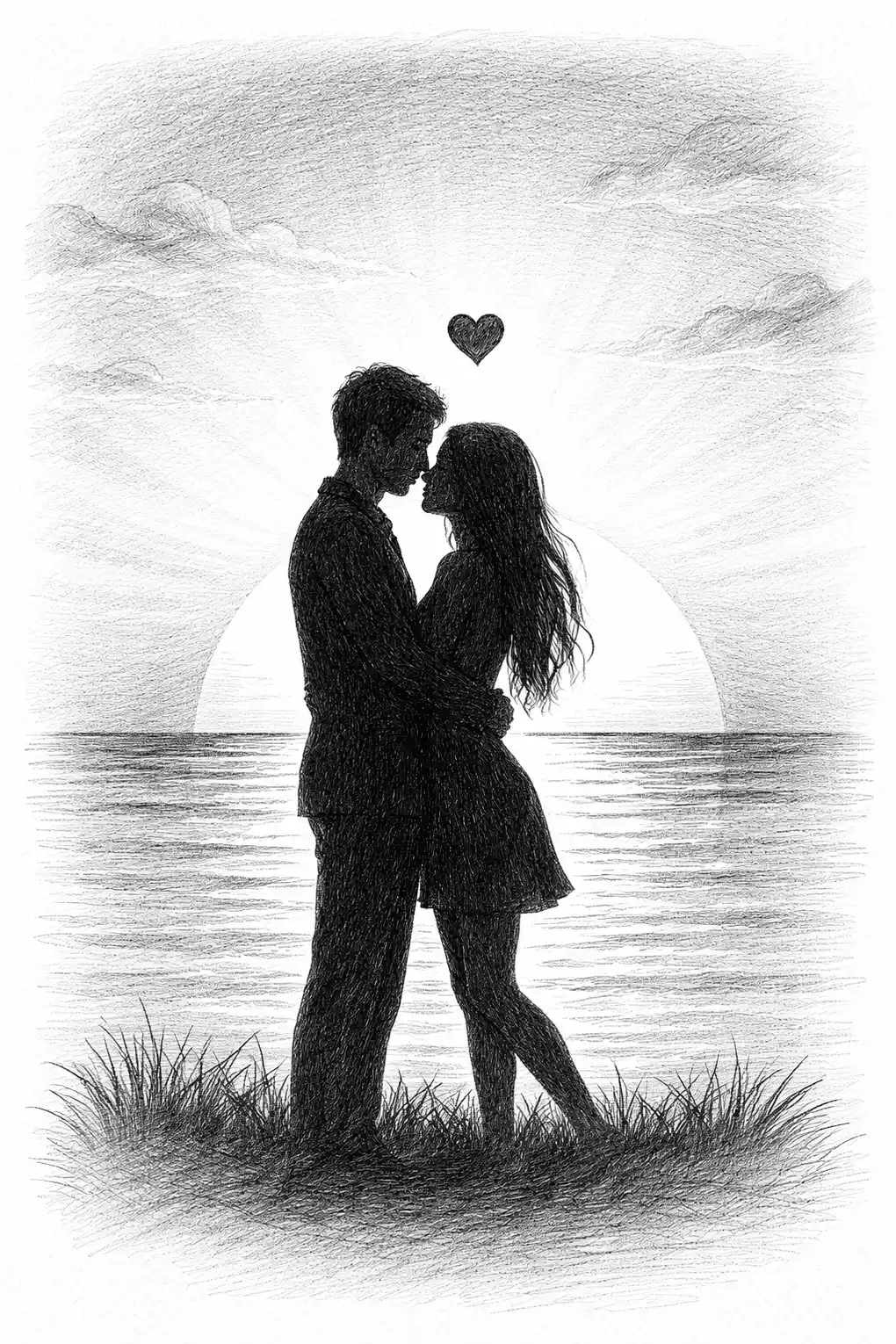 Love romantic simple pencil drawing &mdash; couple silhouette at sunset with heart for beginners