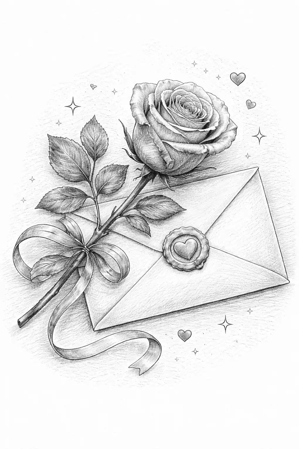 Romantic creative pencil drawing &mdash; rose with love letter envelope ribbon and hearts