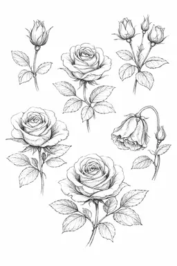 Rose drawing showing different growth stages from bud to full bloom