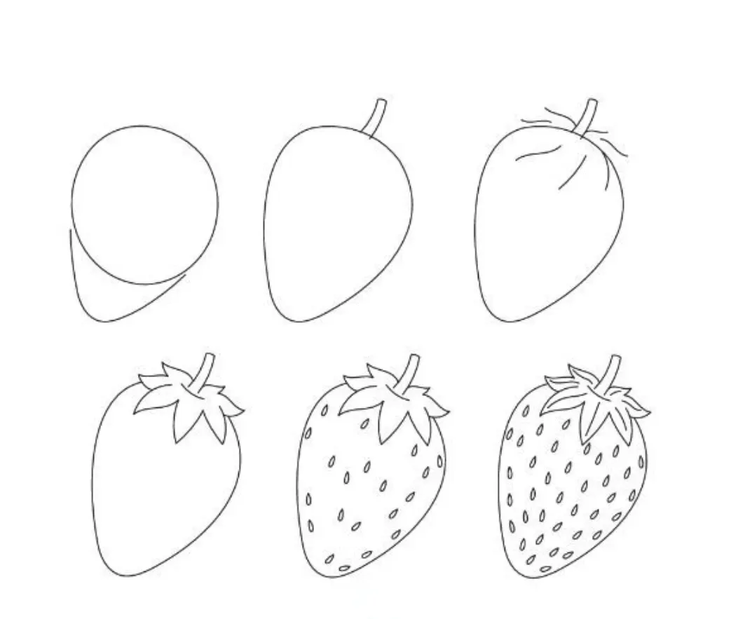 Simple cute easy strawberry drawing step by step for kids and beginners with pencil &mdash; 6 steps